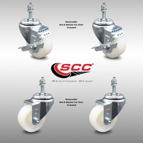 Service Caster 3 Inch SS Nylon Wheel Swivel 3/8 Inch Threaded Stem Caster Brakes SCC, 2PK SCC-SSTS20S314-NYS-381615-2-TLB-2 - main